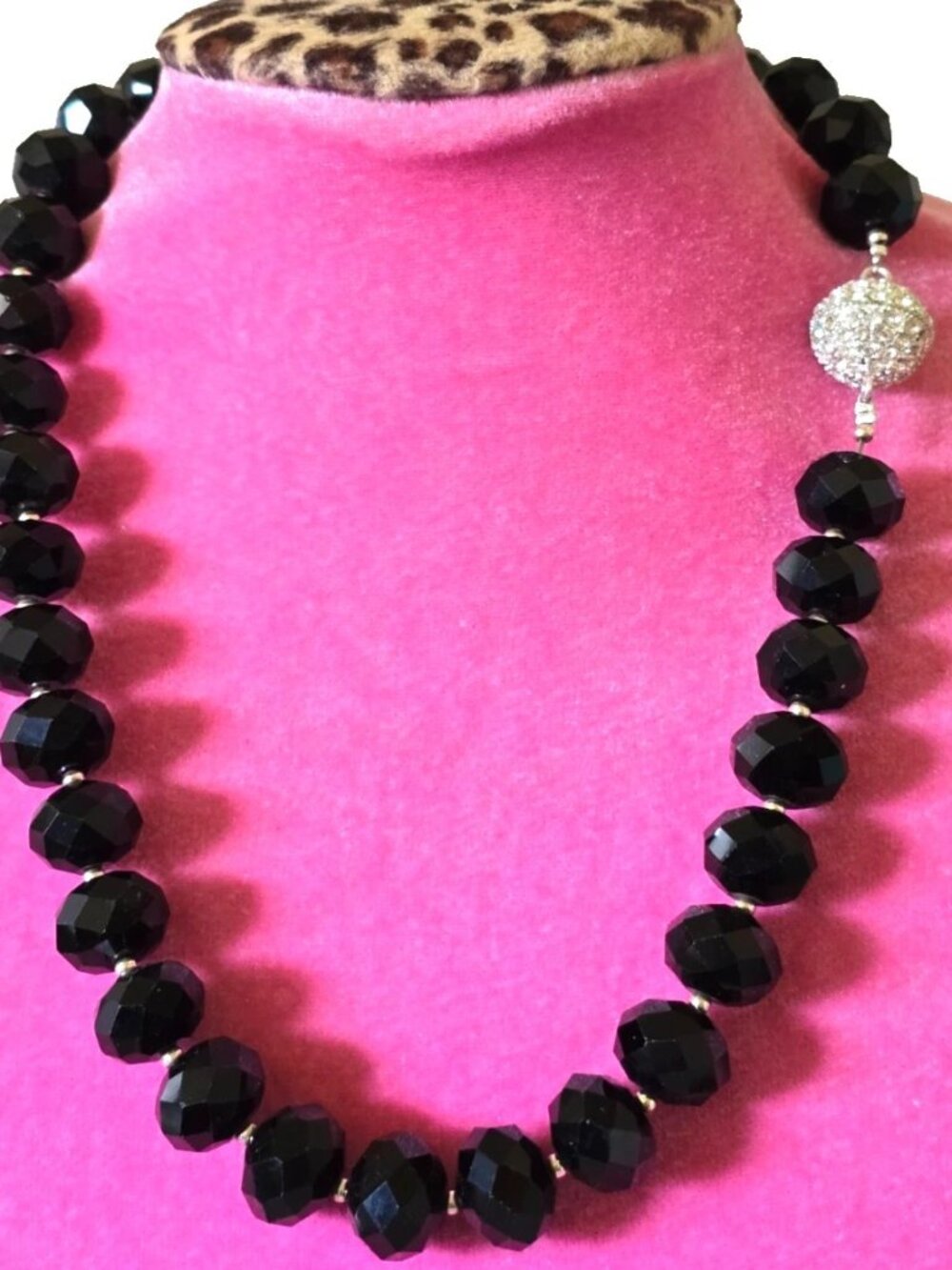Vintage Black Faceted Glass Necklace xlarge Beads 20" Rhinestone disco ball